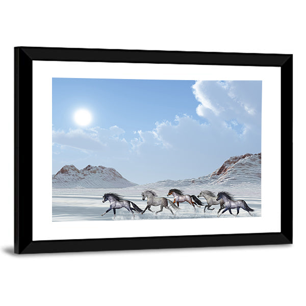 Five Wild Horses Running Through Snow Canvas Wall Art