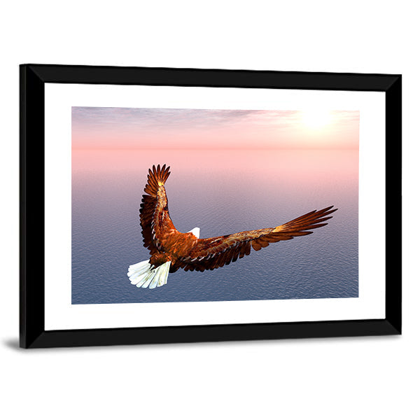 Bald Eagle Over Ocean at Sunset Canvas Wall Art