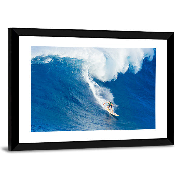 Surfer Carving Blue Wave on Tan Surfboard Canvas Wall Art