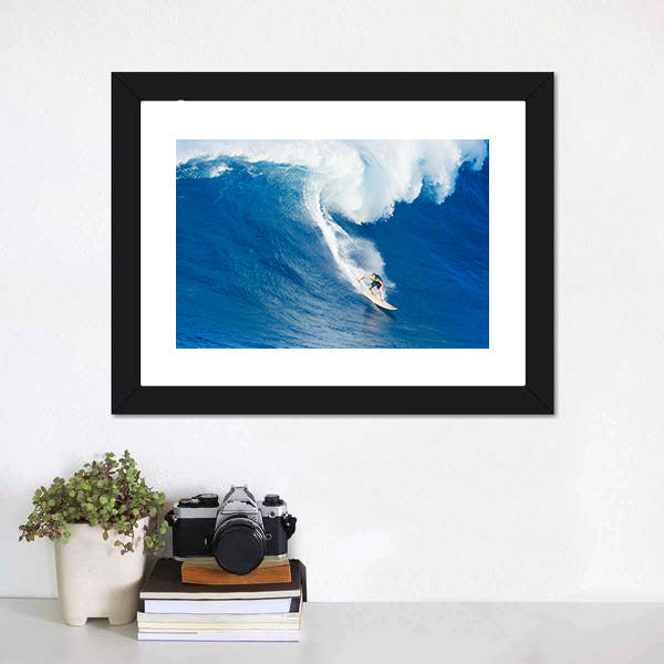 Surfer Carving Blue Wave on Tan Surfboard Canvas Wall Art