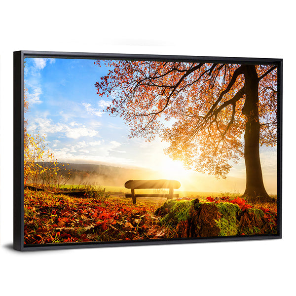 Autumn Sunrise Over Park Bench Canvas Wall Art