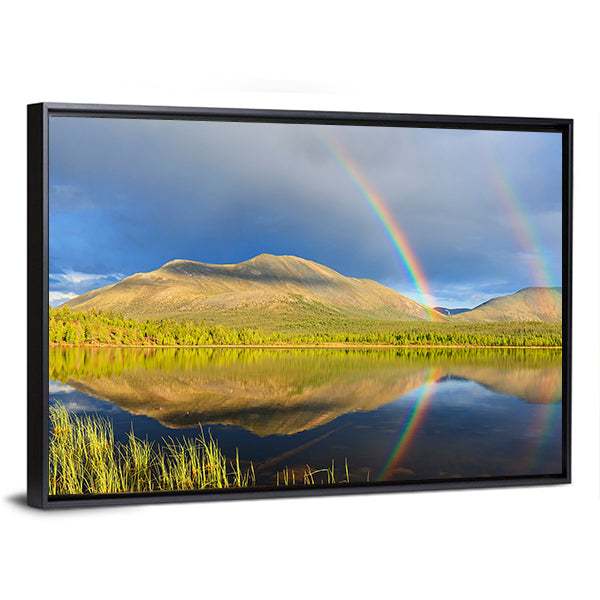 Double Rainbow Over Lake And Mountains Canvas Wall Art