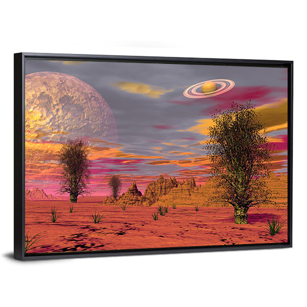 Alien Desert with Ringed Planet and Cratered Moon Canvas Wall Art