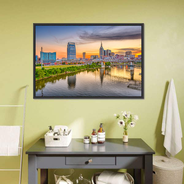 Nashville Riverfront Skyline at Golden Hour Canvas Wall Art