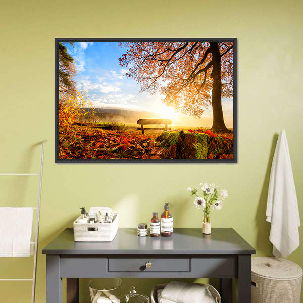 Autumn Sunrise Over Park Bench Canvas Wall Art