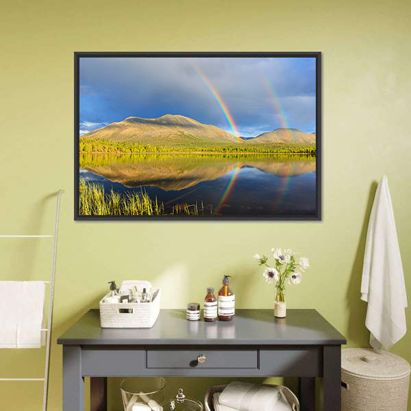 Double Rainbow Over Lake and Mountains Canvas Wall Art