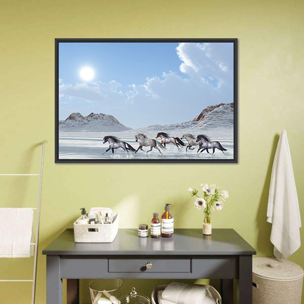 Five Wild Horses Running Through Snow Canvas Wall Art