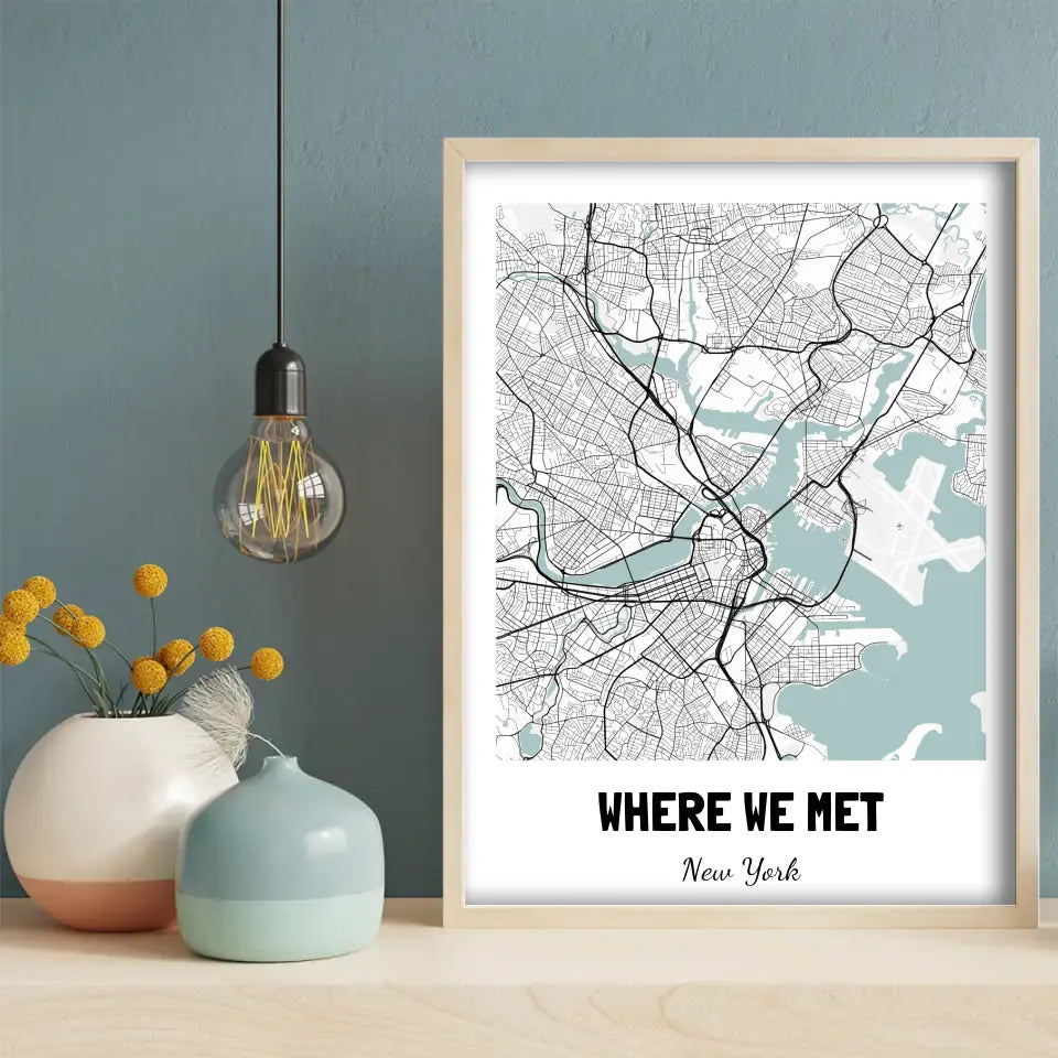 Where We Met Map Canvas Wall Art in black, white and blue, hung on a wall
