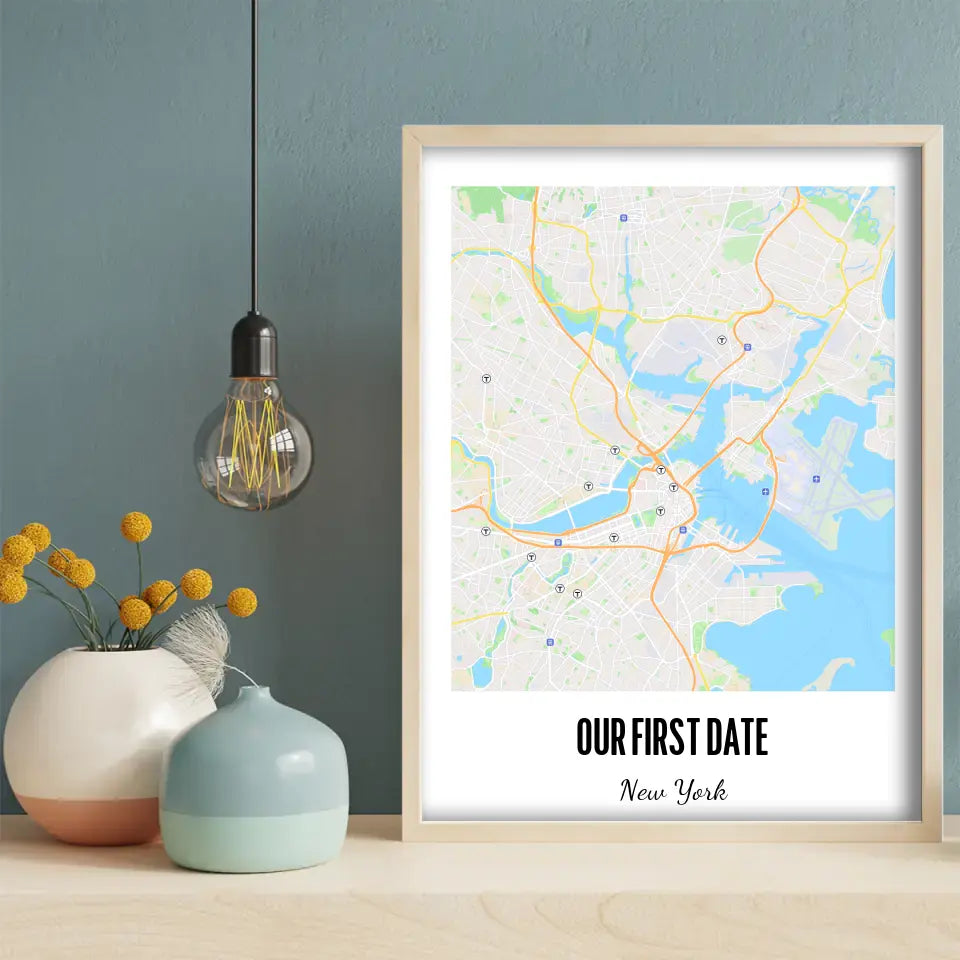 Our First Date Map Wall Art in white, green and blue, hung on a wall
