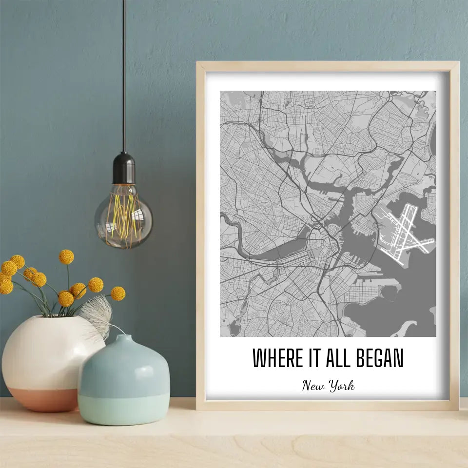 Where It All Began Map Wall Art in black, white and gray, hung on a wall