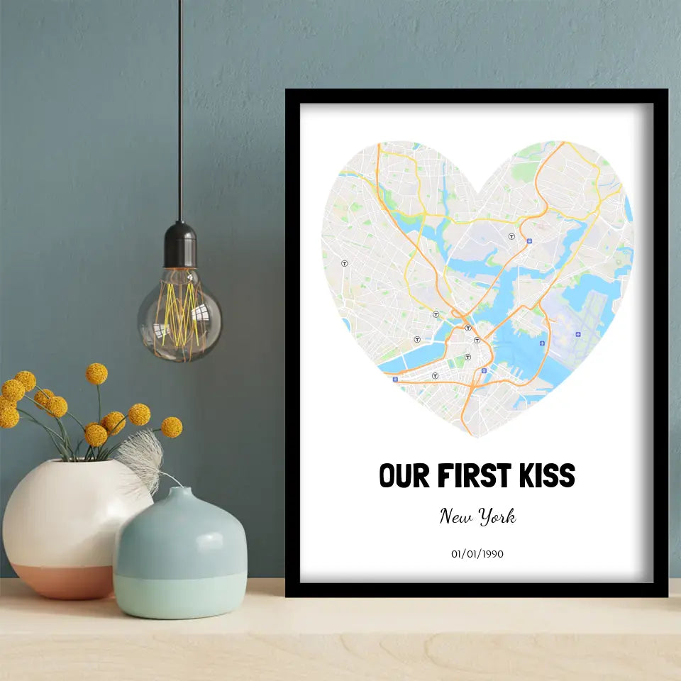 Our First Kiss Map Wall Art in white, gray and blue, hung on a wall