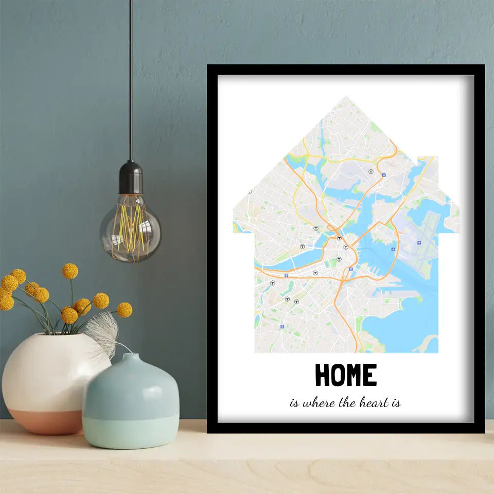 Home Is Where the Heart Is Canvas Wall Art in white, gray and blue, hung on a wall