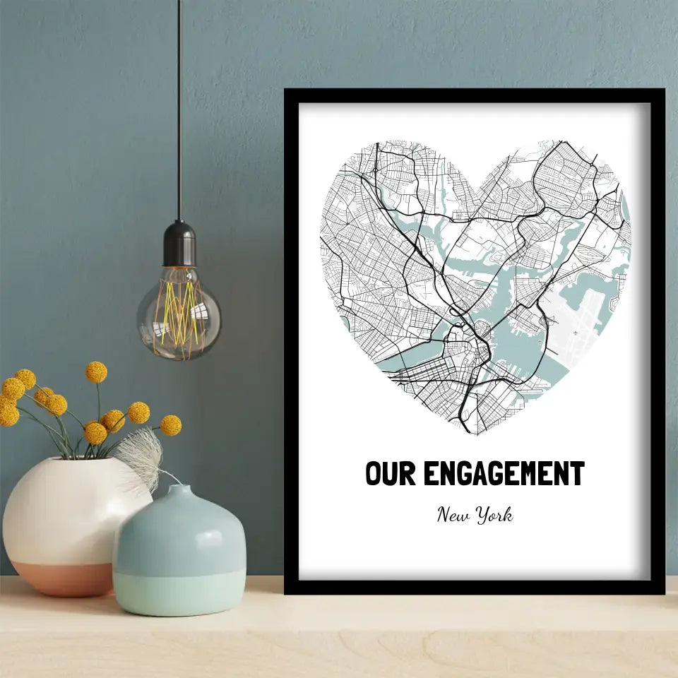 Our Engagement Map Wall Art in black, white and gray, hung on a wall