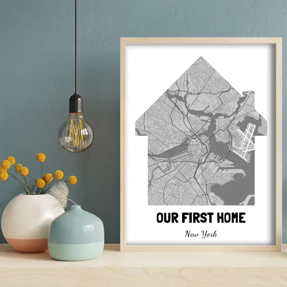 Our First Home Map Canvas Wall Art in black, white and gray, hung on a wall
