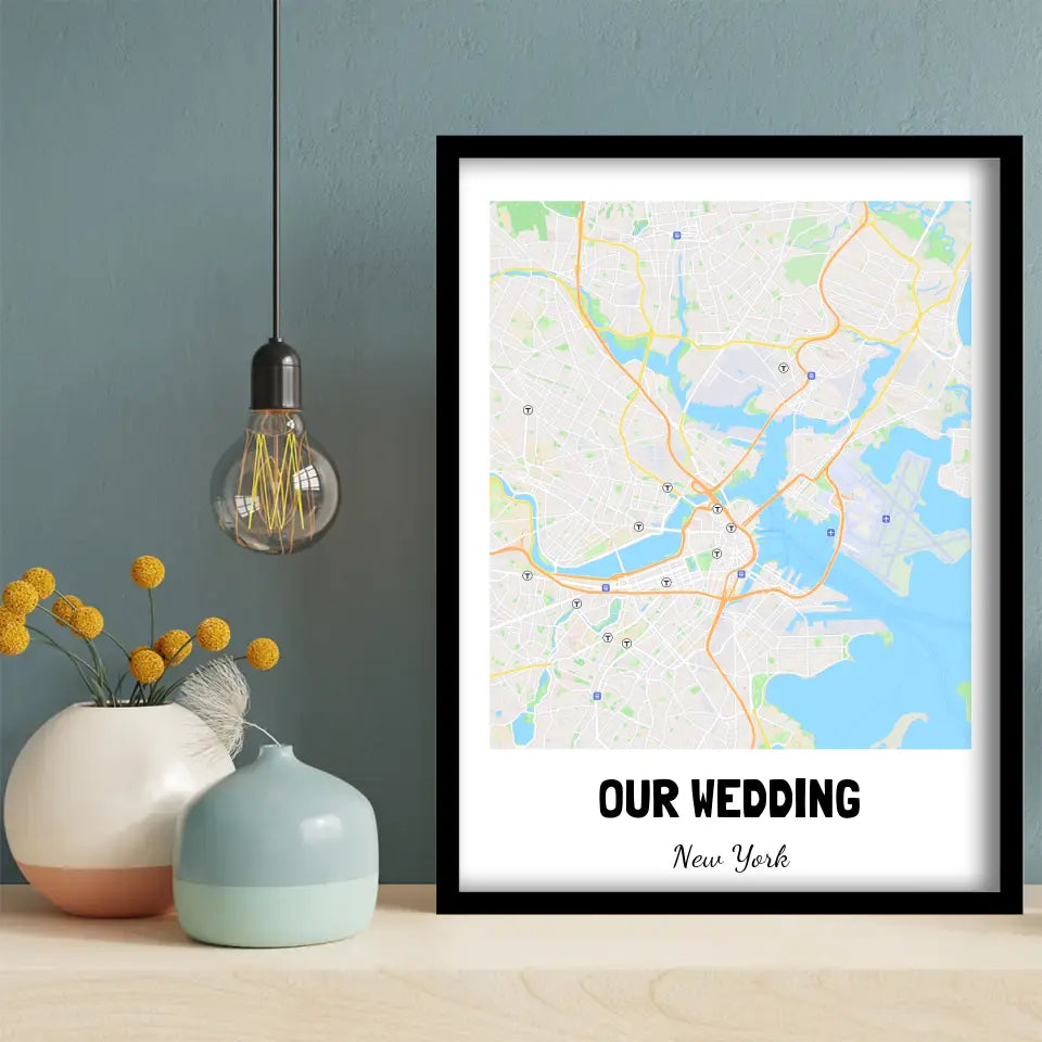 Our Wedding Map Wall Art in white, beige and blue, hung on a wall