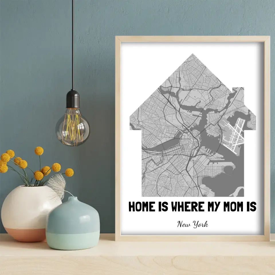 Home Is Where My Mom Is Map Wall Art in black, white and gray, hung on a wall