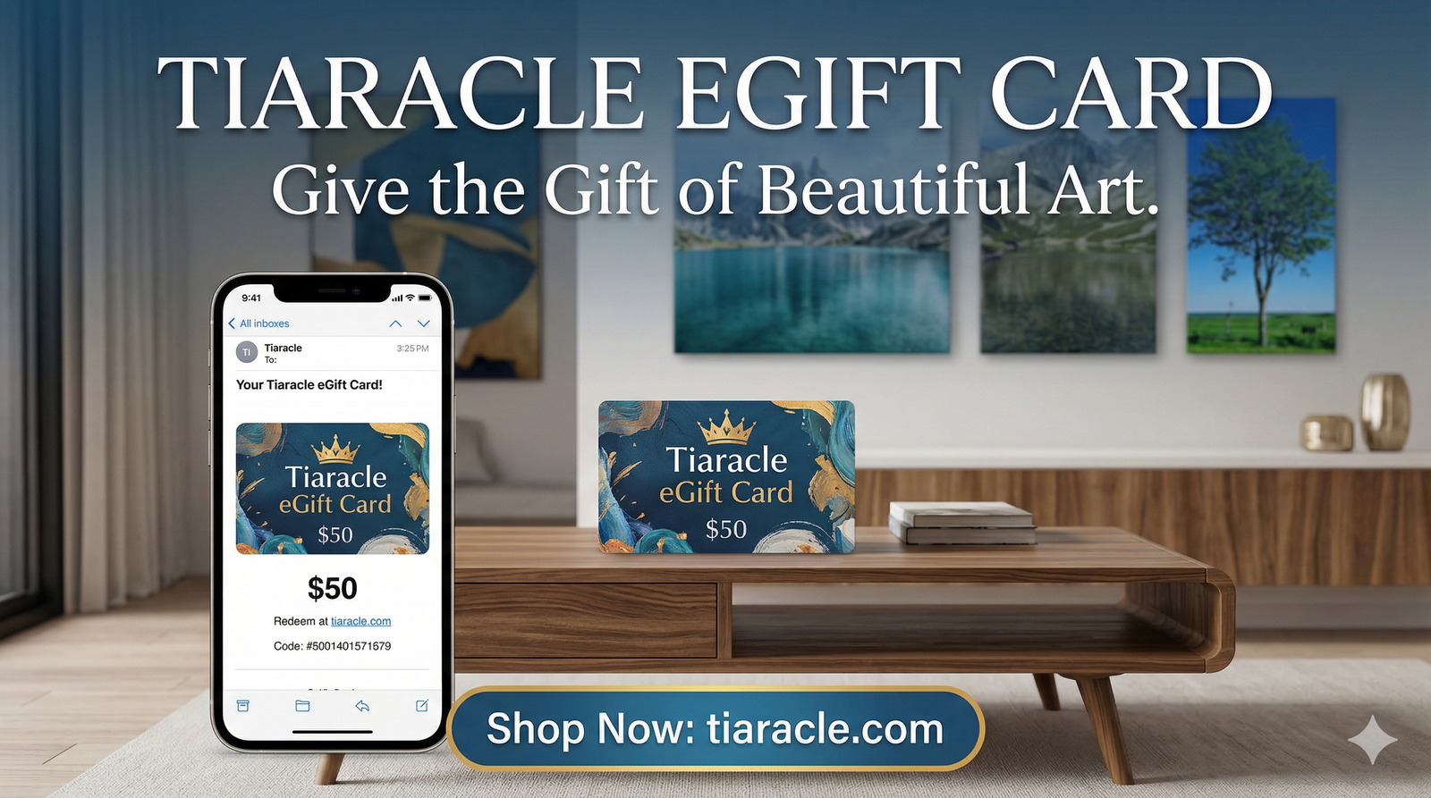 Tiaracle eGift Card in white, gold and blue, hung on a wall