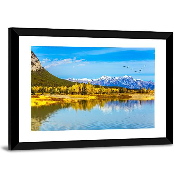 Golden Trees Beside Mountain Lake Canvas Wall Art