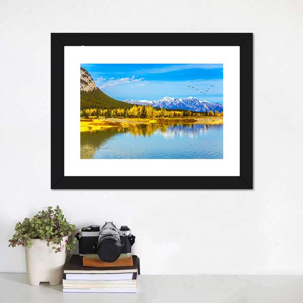 Golden Trees Beside Mountain Lake Canvas Wall Art