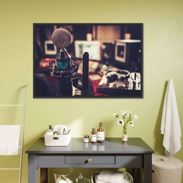 Studio Microphone with Cyan Glow Canvas Wall Art