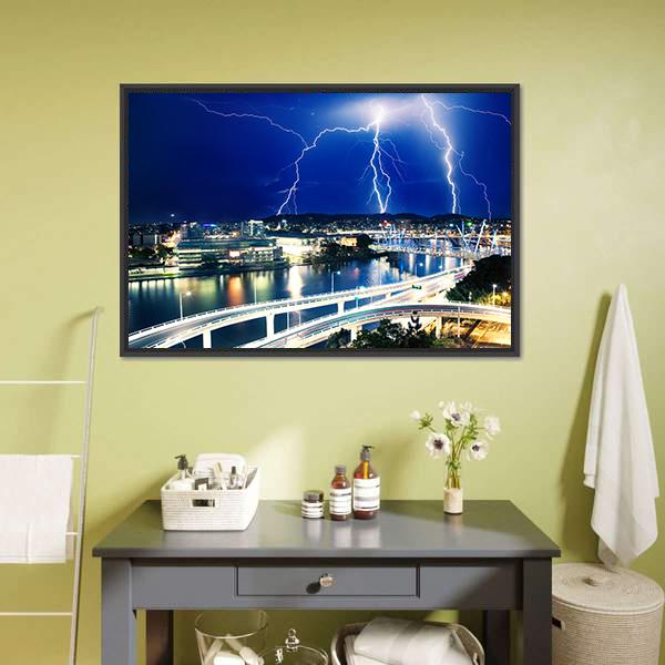 Lightning Strikes Over City River Canvas Wall Art