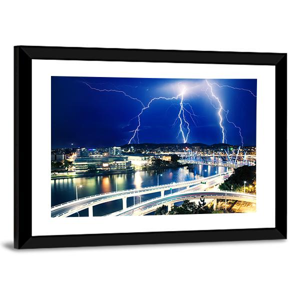 Lightning Strikes Over City River Canvas Wall Art