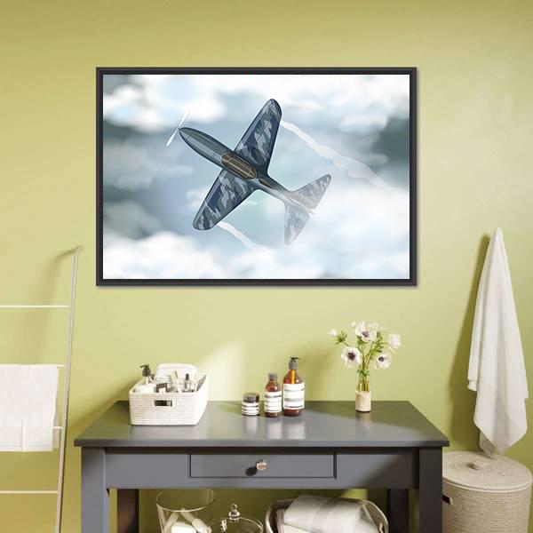 Camouflage Propeller Plane in Flight Canvas Wall Art