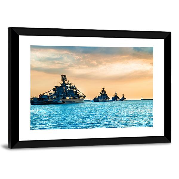 Naval Warships at Sunset Canvas Wall Art