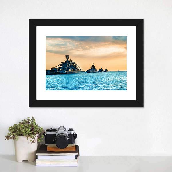Military Navy Ships In Sea Canvas Wall Art