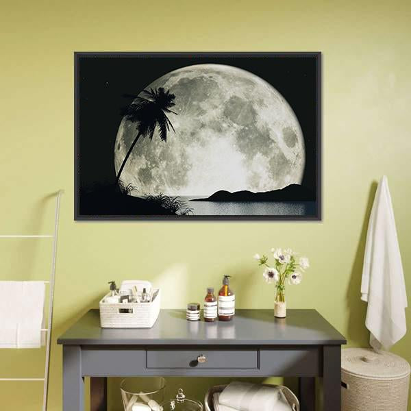 Moonlit Island with Palm Silhouette Canvas Wall Art