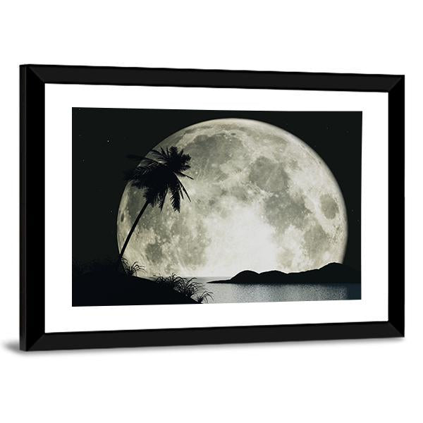Moonlit Island with Palm Silhouette Canvas Wall Art