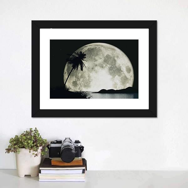 Moonlit Island with Palm Silhouette Canvas Wall Art