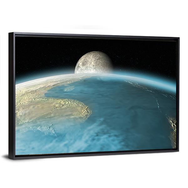 Moon Rising Over Earth Canvas Wall Art