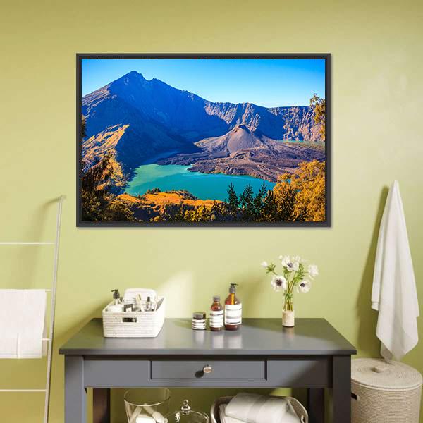 Mount Rinjani Over Turquoise Crater Lake Canvas Wall Art