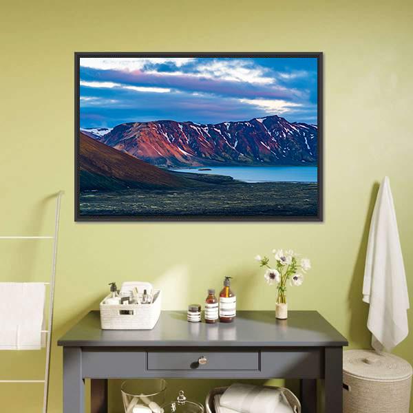 Snow-patched Mountain Over Calm Lake Canvas Wall Art