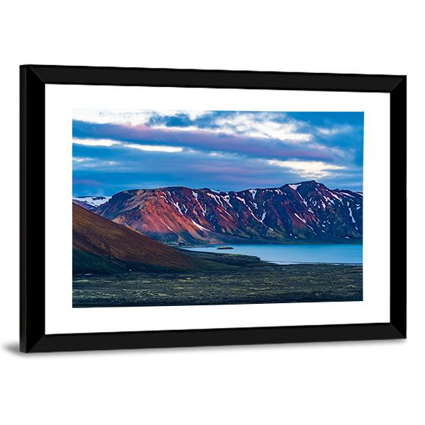 Snow-patched Mountain Over Calm Lake Canvas Wall Art