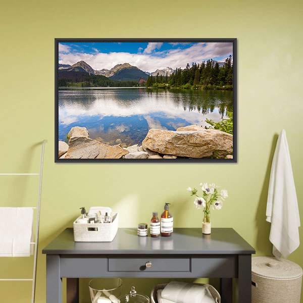 Mountain Lake Reflection with Boulders Canvas Wall Art