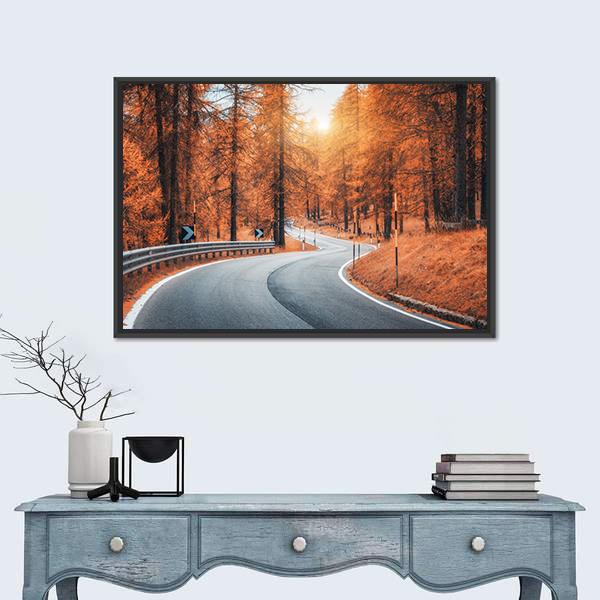 Winding Road in Autumn Forest at Sunset Canvas Wall Art