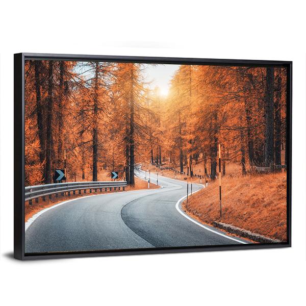 Road In Autumn Forest At Sunset Canvas Wall Art