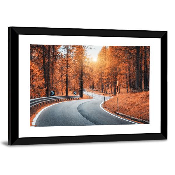 Winding Road in Autumn Forest at Sunset Canvas Wall Art