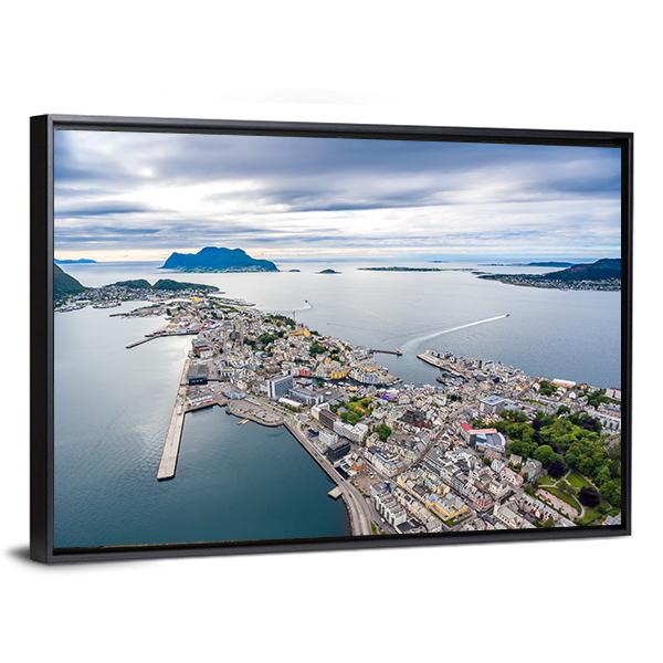 Aerial View of Alesund Harbor Canvas Wall Art