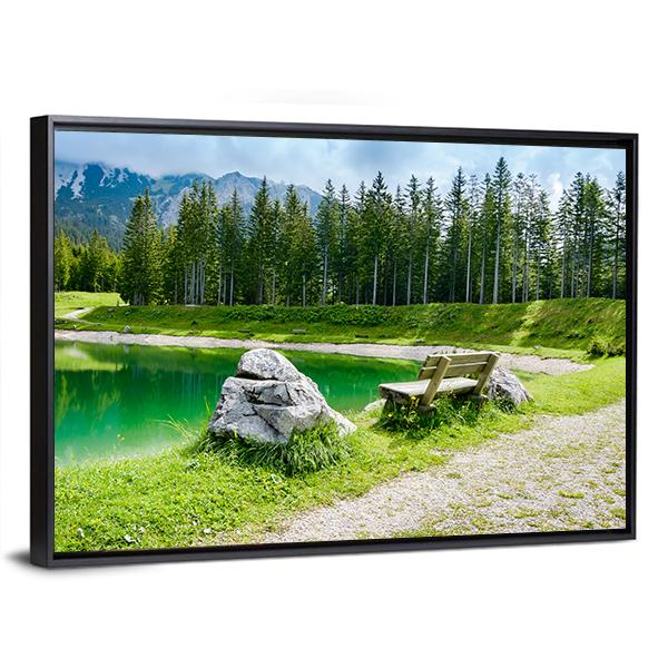 Almsee Lakeside Bench and Mountains Canvas Wall Art