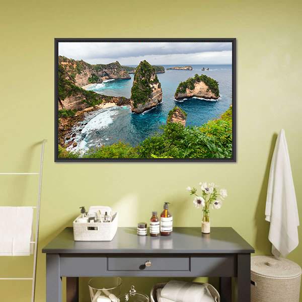 Atun Beach Cliffs and Turquoise Sea Canvas Wall Art