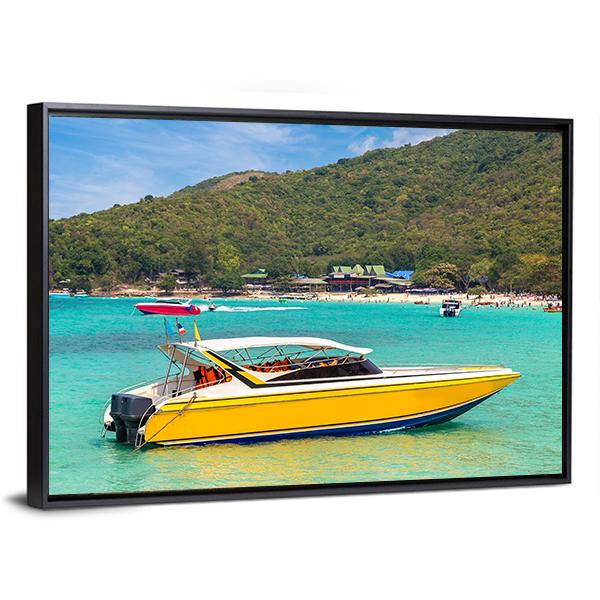 Yellow Speedboat in Turquoise Bay Canvas Wall Art