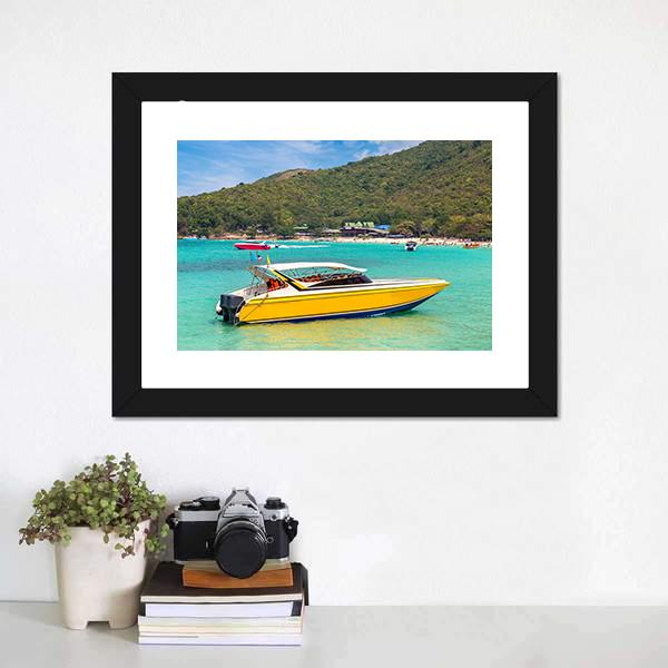 Yellow Speedboat in Turquoise Bay Canvas Wall Art