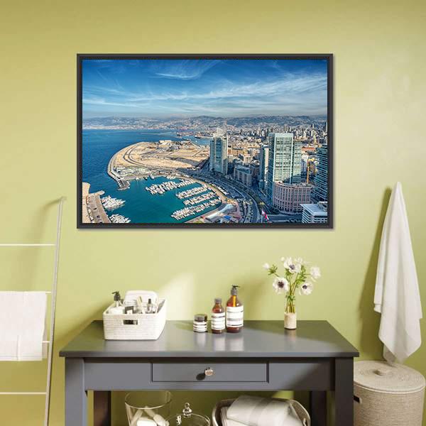 Coastal City Skyline with Marina and Mountains Canvas Wall Art