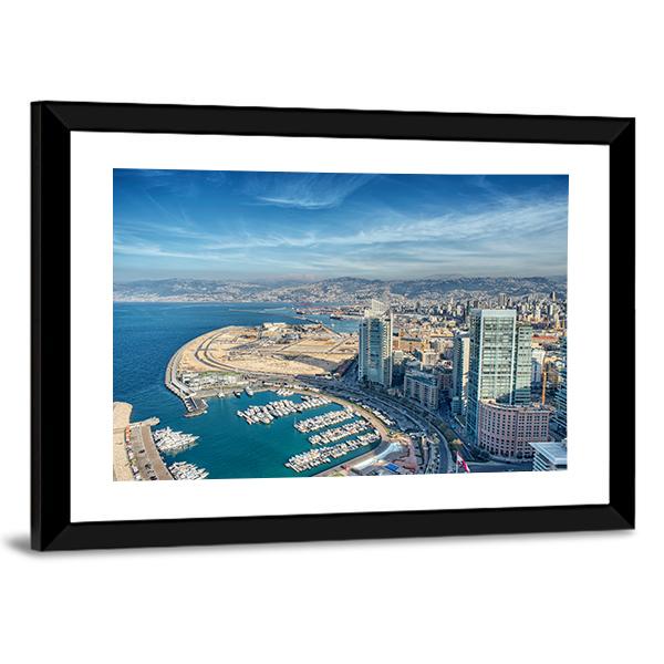 Coastal City Skyline with Marina and Mountains Canvas Wall Art