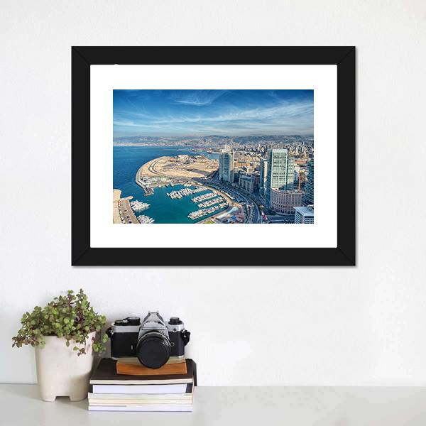 Coastal City Skyline with Marina and Mountains Canvas Wall Art
