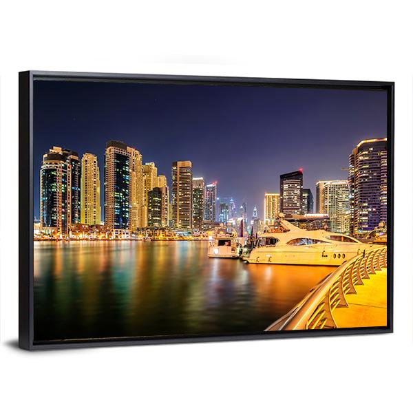 Dubai Night Skyline Harbor Reflections Canvas Wall Art