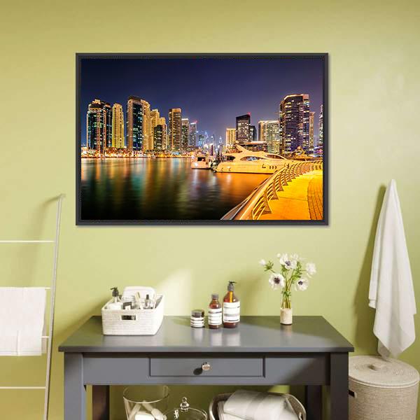 Dubai Night Skyline Harbor Reflections Canvas Wall Art